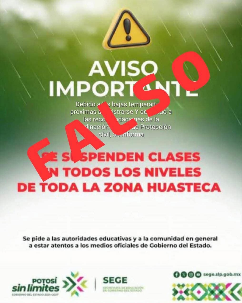 Difunden información falsa sobre la suspensión a clases en la Huasteca Potosina